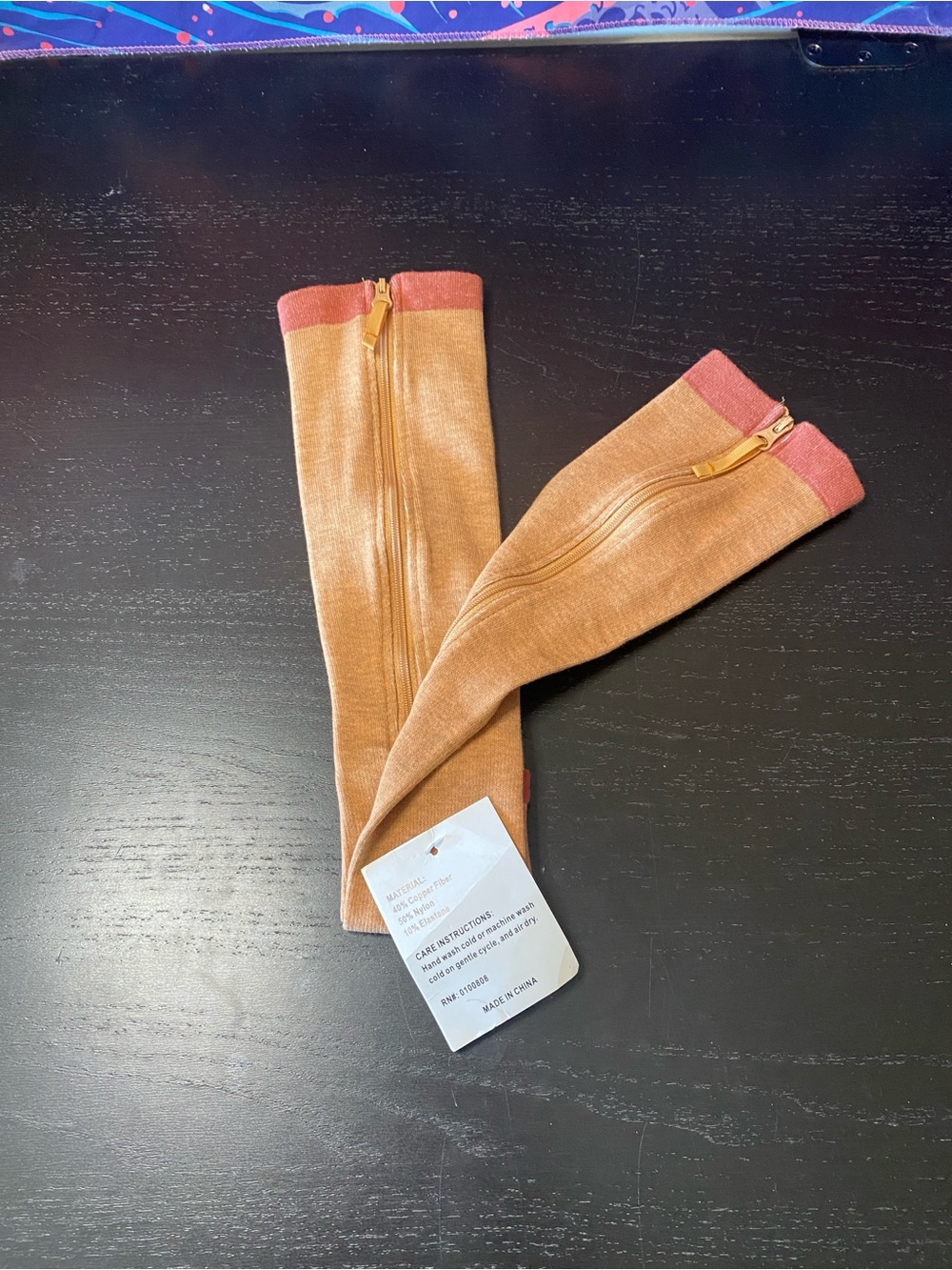 Peach Zippered Leg Warmers with Coral Trim